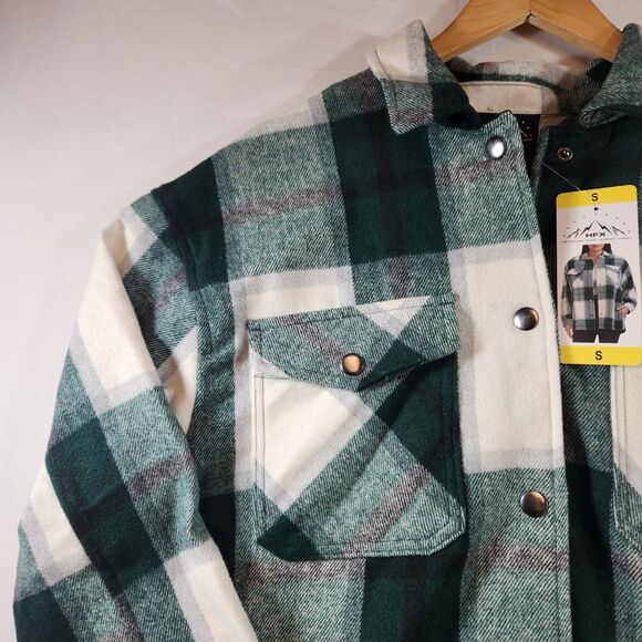 HFX Womens Flannel Shirt Jacket Size Small Green White Plaid Snap Up Pockets - Picture 2 of 16